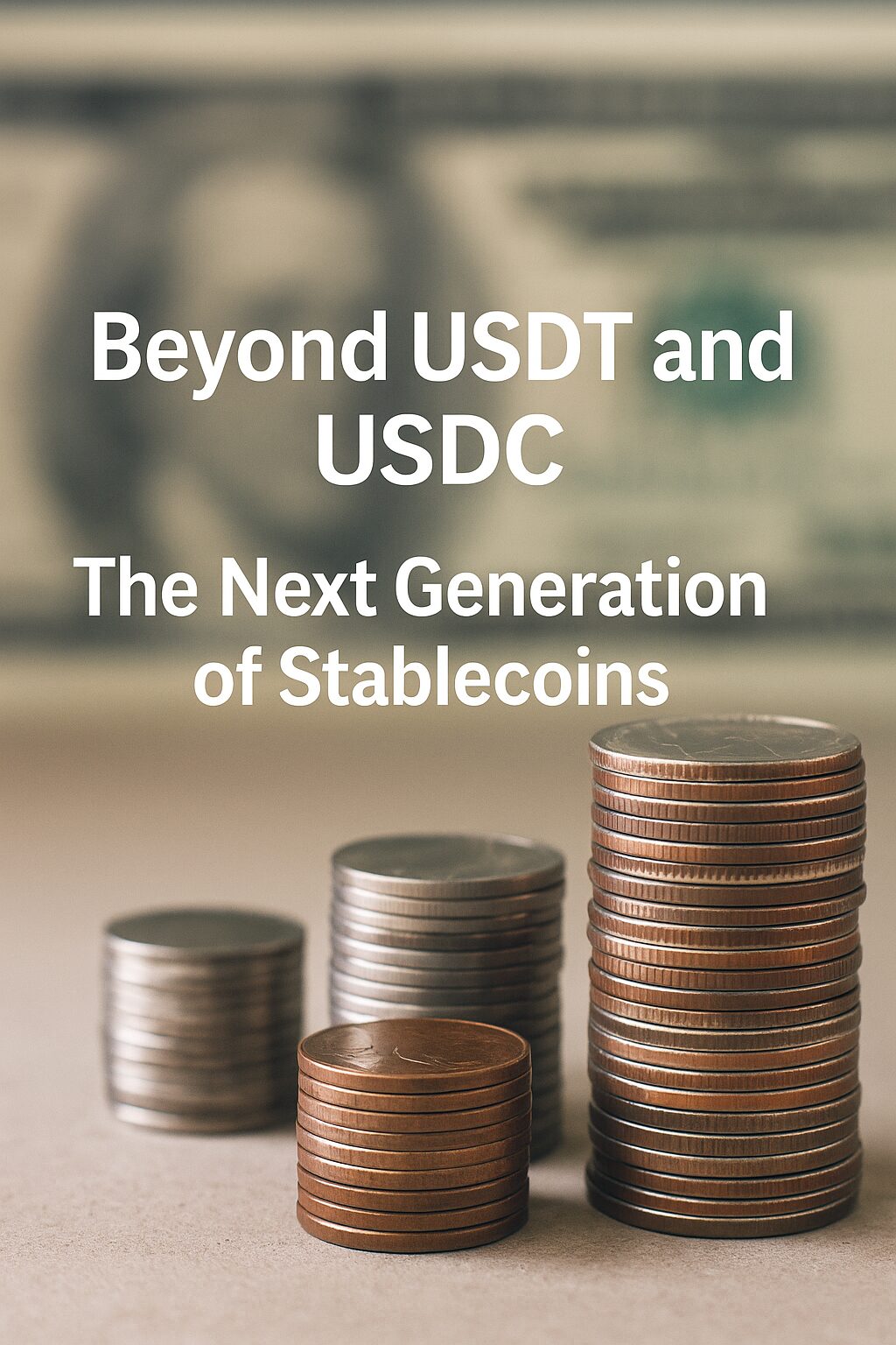Realistic photo of stacked coins in different sizes with blurred US dollar bills in the background, overlaid with the title "Beyond USDT and USDC: The Next Generation of Stablecoins"