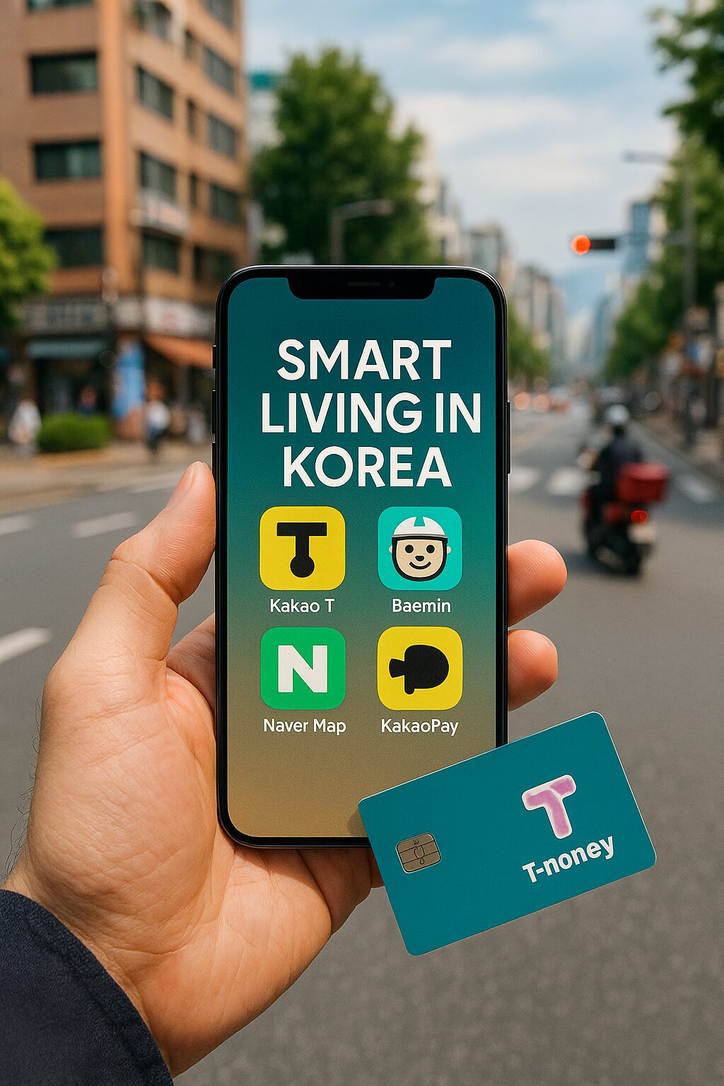 Mobile phone with Korean apps displayed on screen, surrounded by digital icons and a passport – representing smart travel and expat life in Korea
