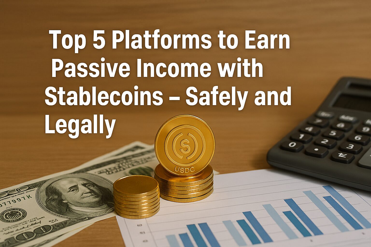 Stack of USDC coins on U.S. dollars with financial charts and calculator, symbolizing stablecoin passive income platforms