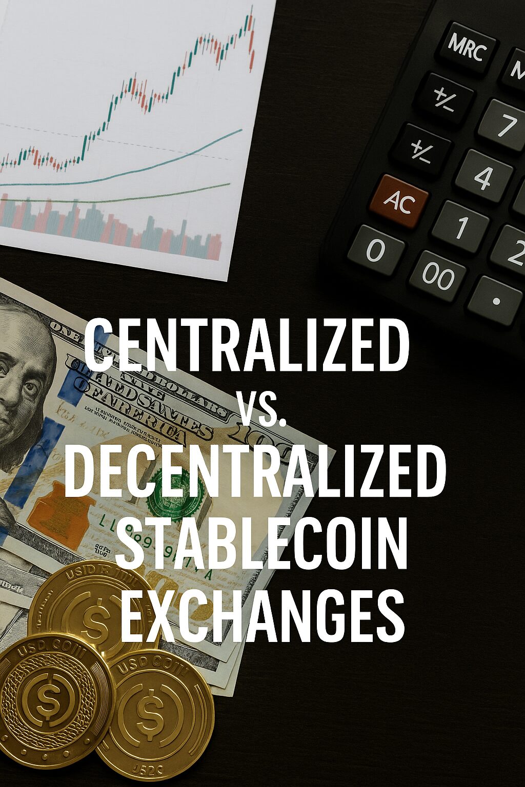 Financial chart, USDC coins, and a calculator on a desk representing centralized vs decentralized stablecoin exchanges