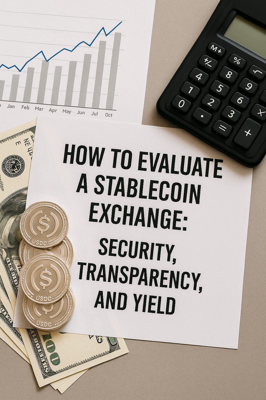 Financial tools including chart, USDC coins, and calculator next to a paper with the title "How to Evaluate a Stablecoin Exchange"