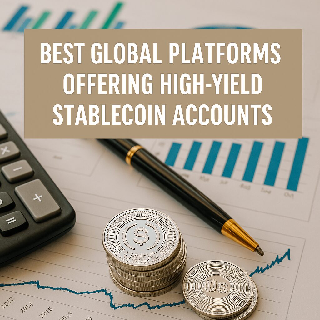USDC coins, calculator, and pen on financial charts with the title "Best Global Platforms Offering High-Yield Stablecoin Accounts"