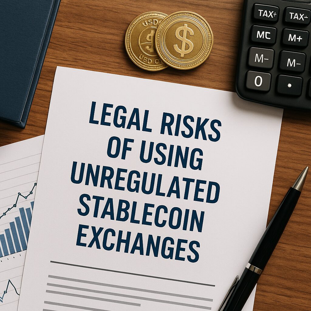 A document titled “Legal Risks of Using Unregulated Stablecoin Exchanges” with USDC coins, calculator, and pen on a wooden desk