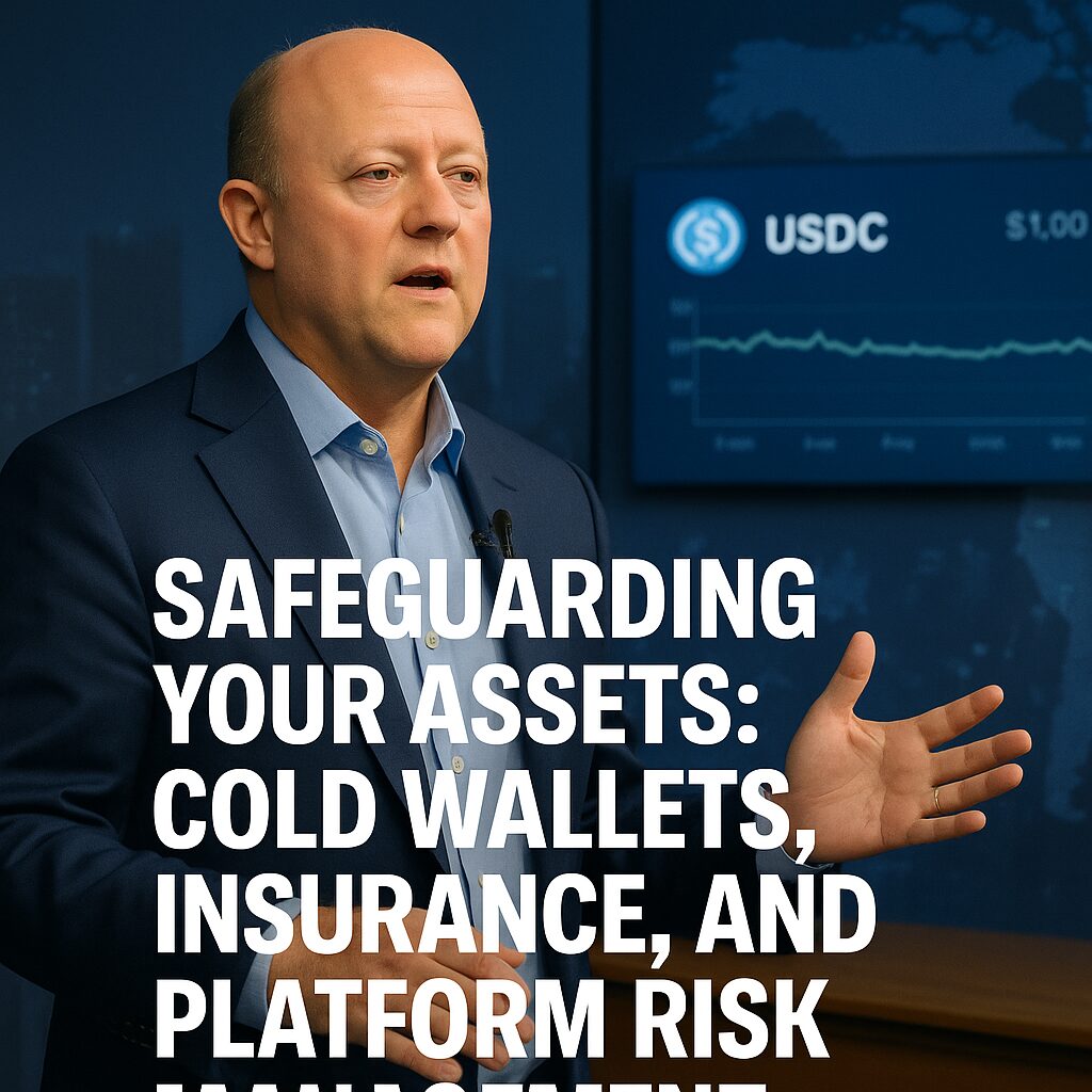 Document titled “How to Avoid Scams in the Stablecoin Exchange Ecosystem” surrounded by USDC coins, a calculator, and financial charts on a wooden desk