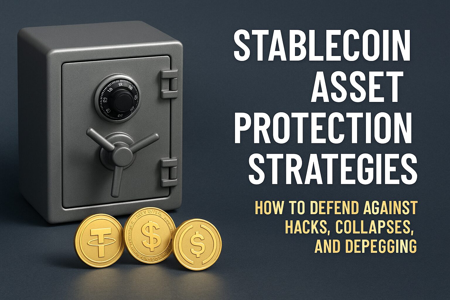 A secure safe next to gold stablecoin tokens (USDT, USDC, Dollar), with bold text about stablecoin asset protection strategies