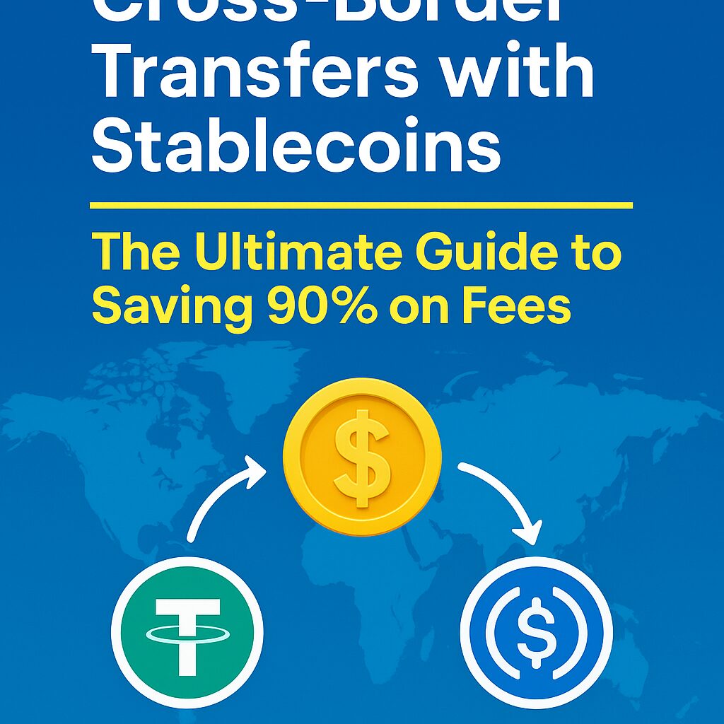 A digital dollar symbol connecting Tether and USDC logos across a global map, representing stablecoin-based international transfers