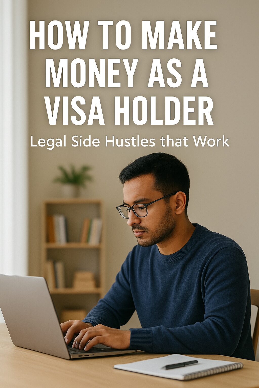 A focused visa holder working at a desk on a laptop, researching side hustle income options