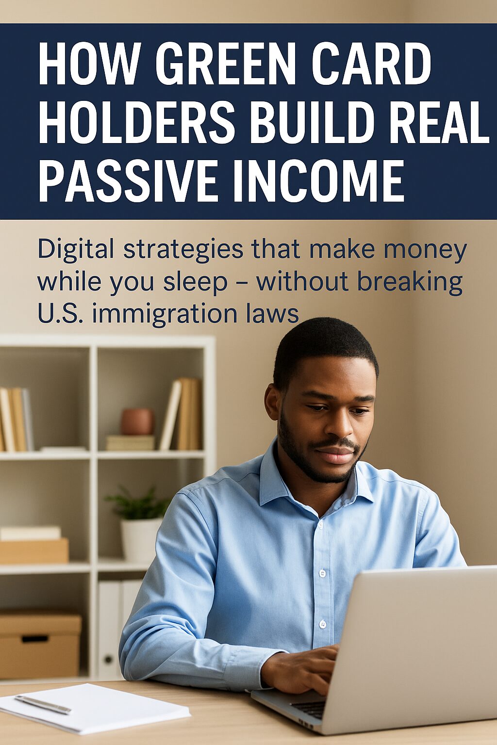 A Green Card holder using a laptop to manage digital income streams