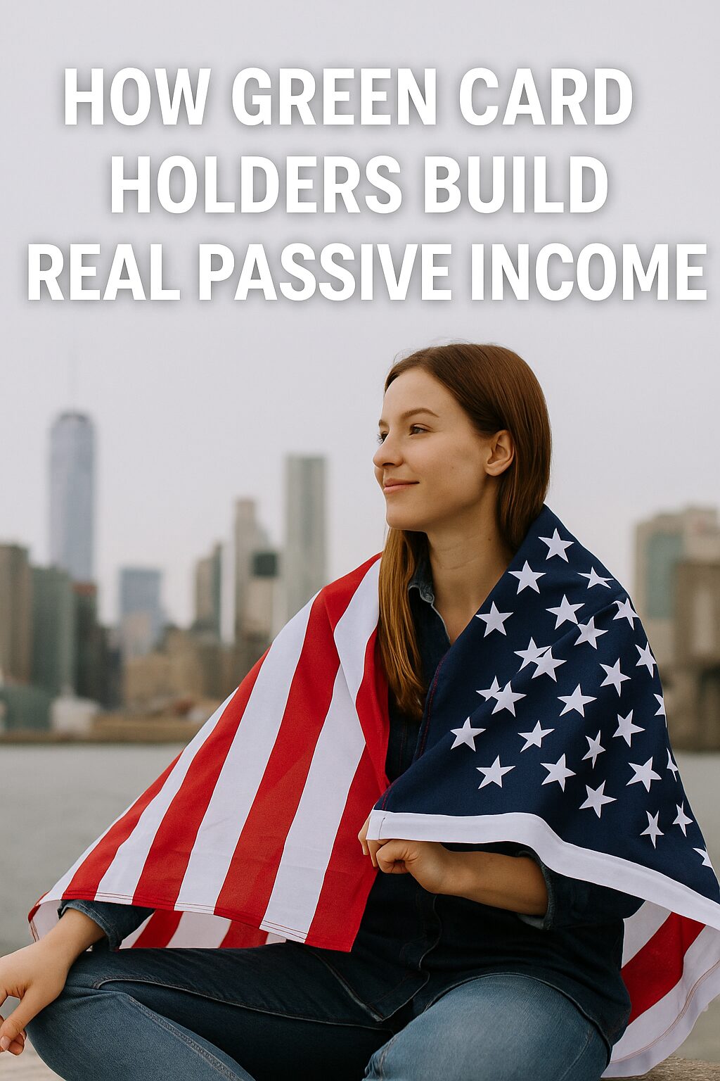 A confident middle-aged immigrant man smiling in front of the U.S. flag, with overlaid text “Beyond the Green Card – Financial Independence Guide”