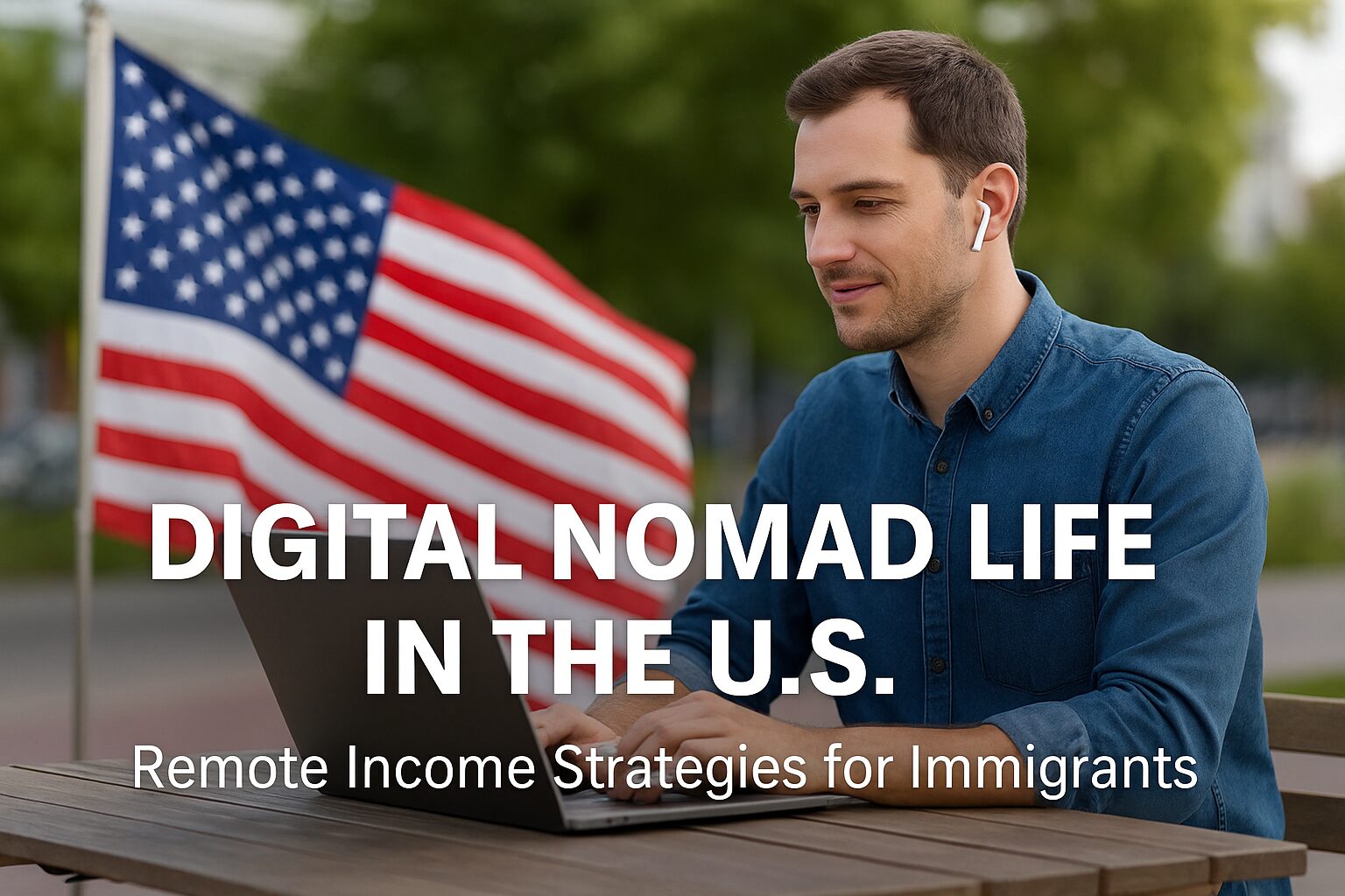 A digital nomad working remotely in the U.S. with a laptop and mobile workspace