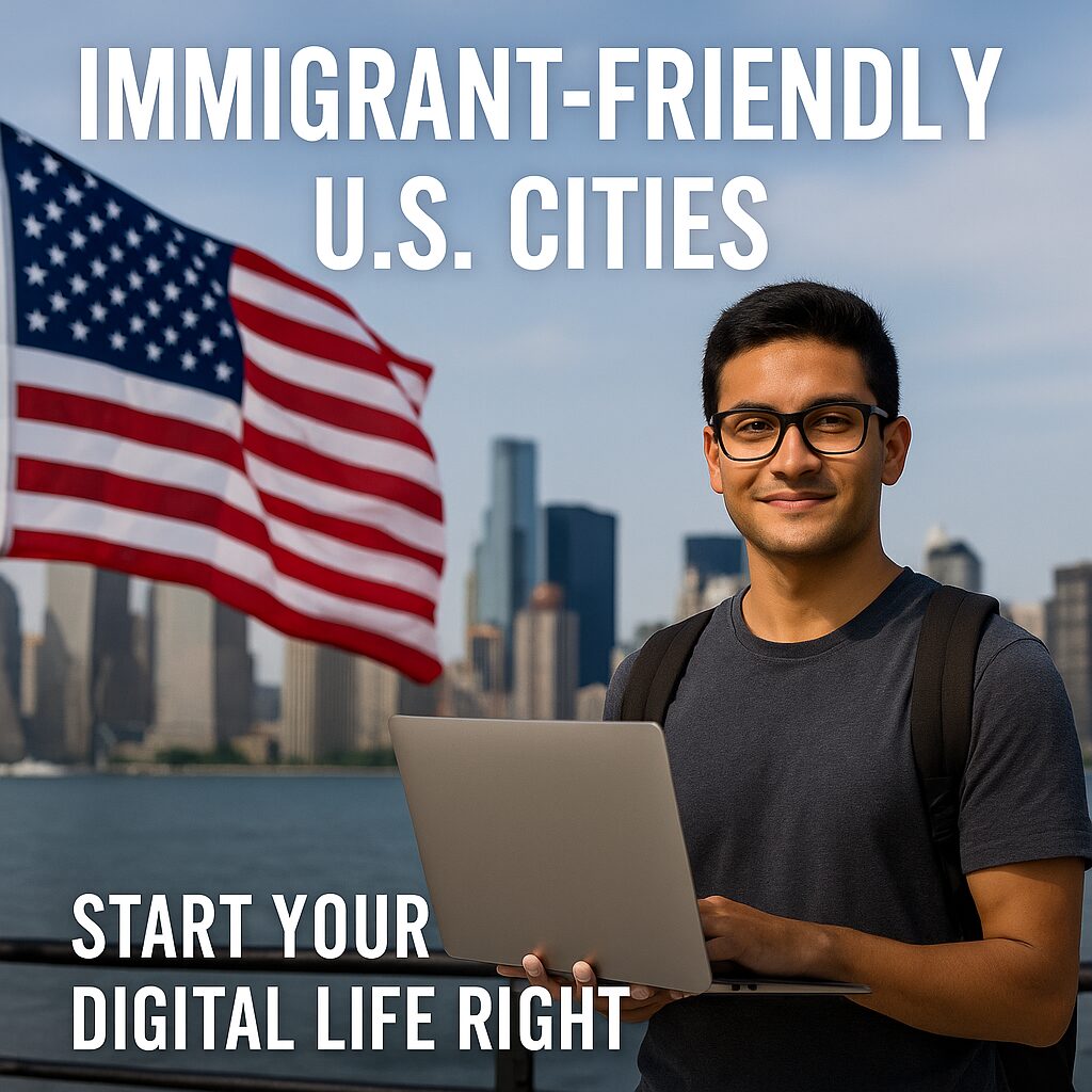 A digital nomad standing in front of a U.S. city skyline holding a laptop with an American flag in the background