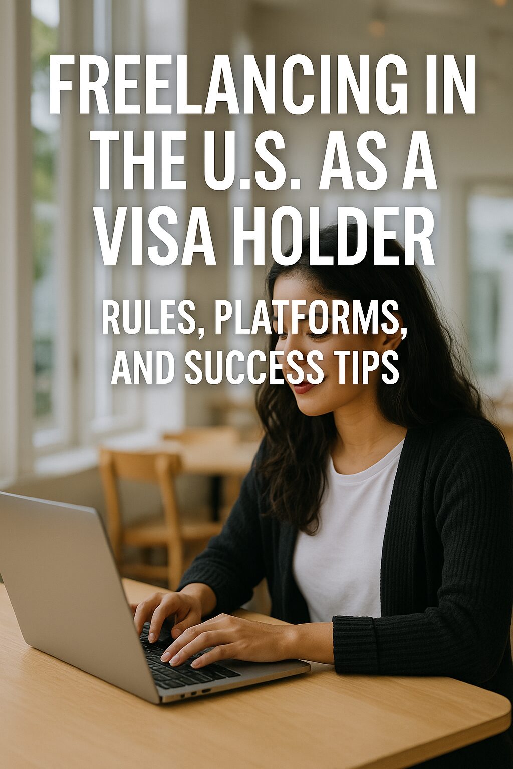 A young immigrant freelancer working on a laptop in a bright cafe in the U.S.