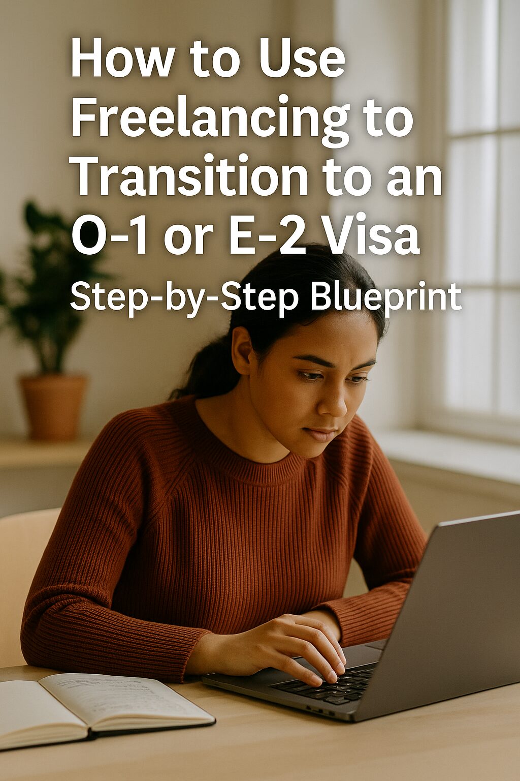 A focused immigrant freelancer planning her O-1 visa strategy on a laptop