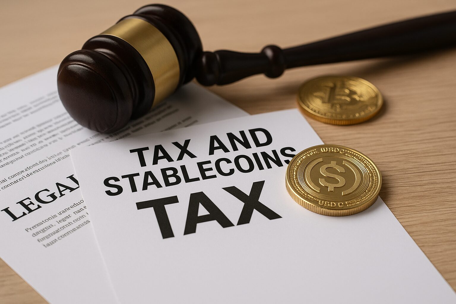 A tax document, gavel, and stablecoin icon overlaid with the text "How to Avoid Tax and Legal Pitfalls When Earning with Stablecoins"