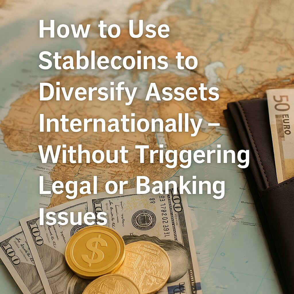 A wallet with euros and dollars, stablecoins on a world map, with text "How to Use Stablecoins to Diversify Assets Internationally"