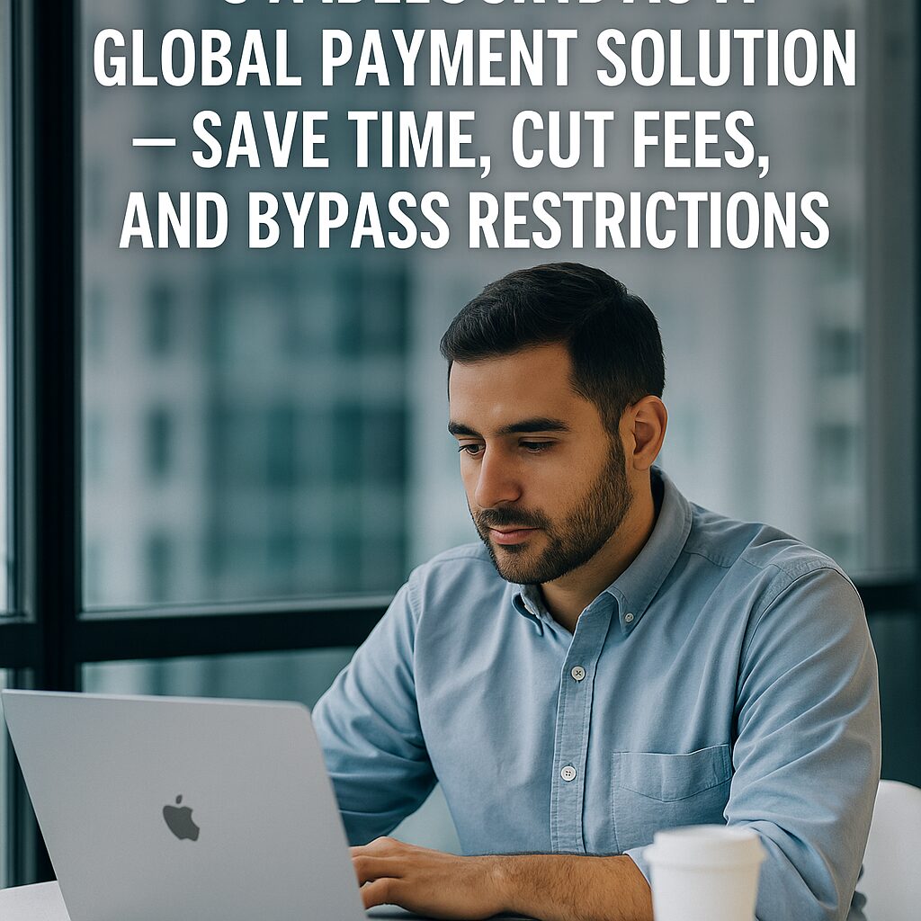 A realistic photograph featuring various international currency symbols and stablecoin icons, highlighting global digital payments with overlaid title text.