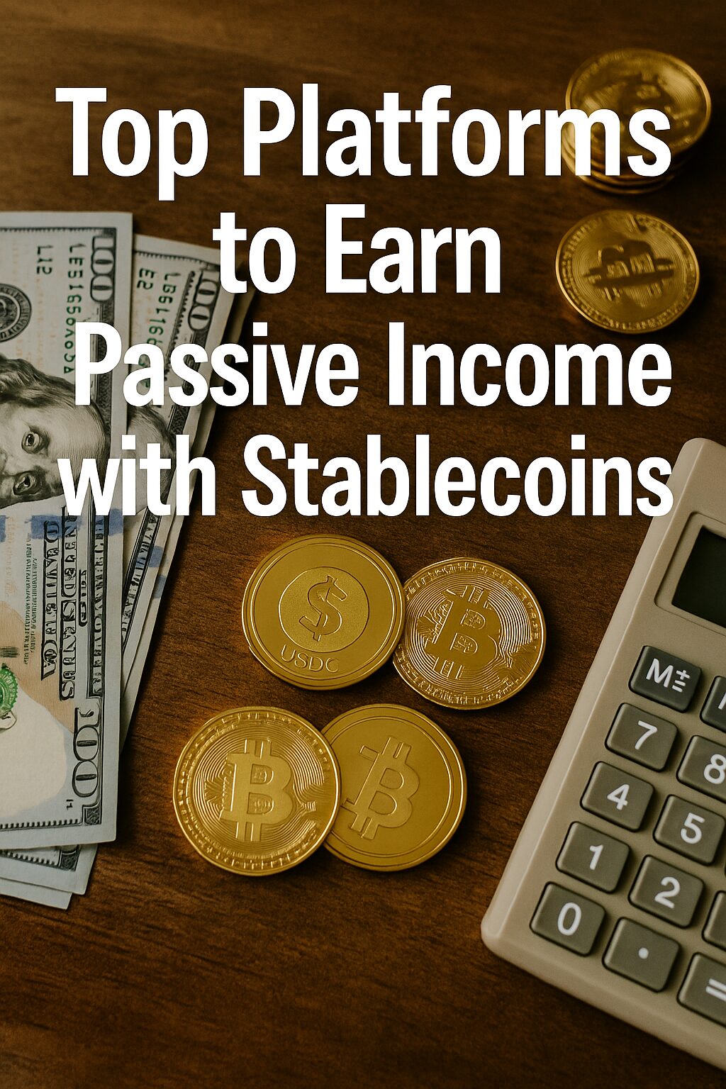 A high-resolution photograph with text overlay highlighting stablecoin yield platforms, featuring digital currency icons and financial visuals.
