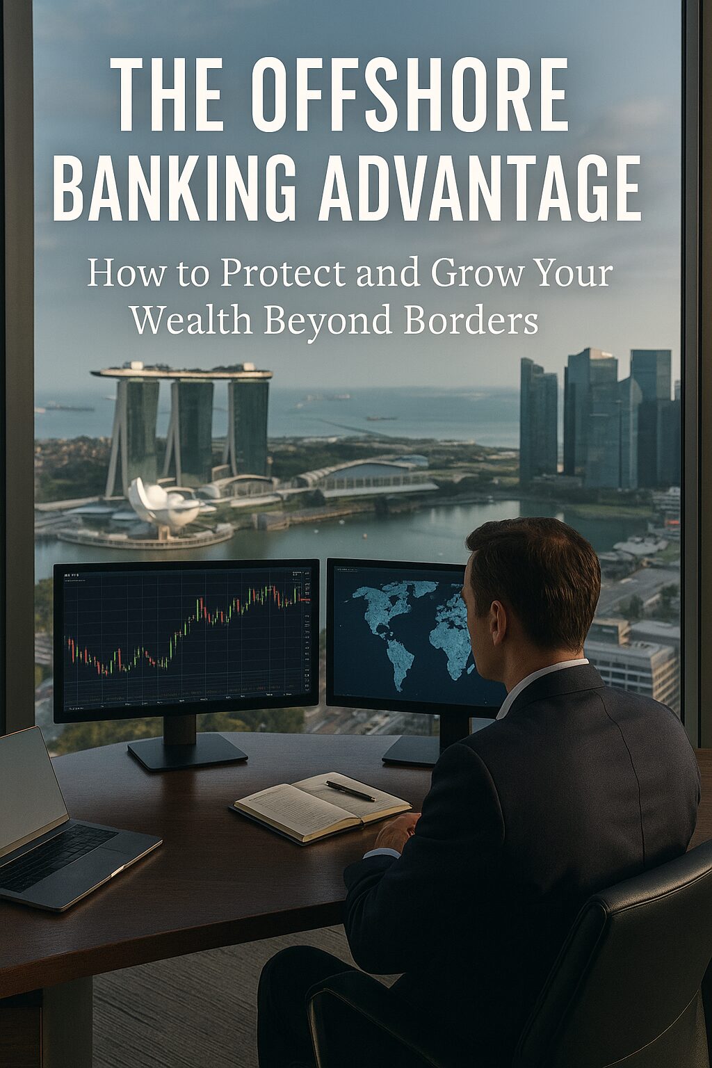 Financial advisor in a high-rise office overlooking Singapore’s Marina Bay, reviewing global market data on dual screens for offshore banking strategy