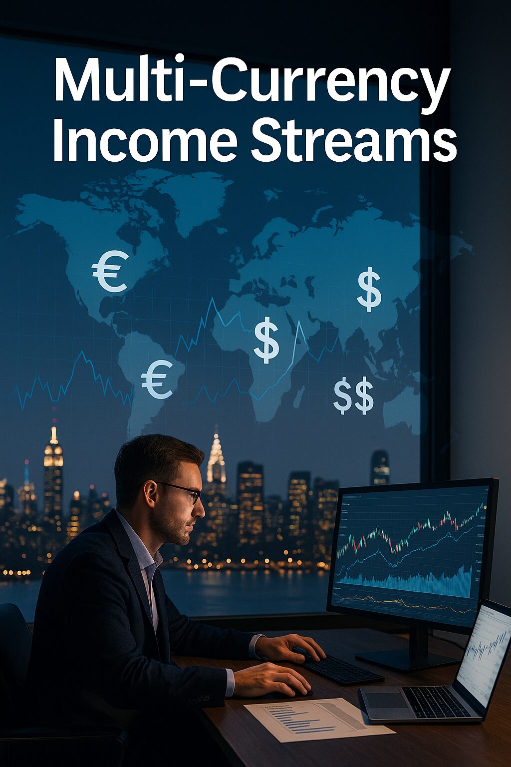 Financial professional analyzing global currency markets with Euro, US Dollar, and Australian Dollar symbols over a world map in a modern office