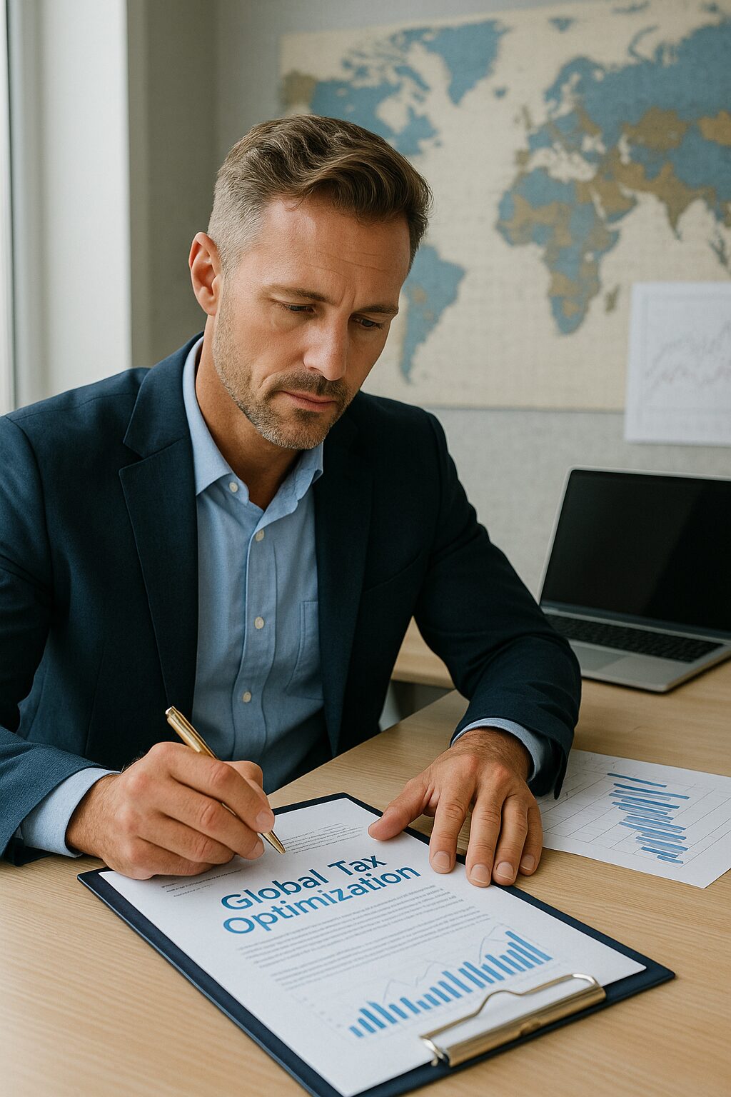 A Caucasian businessman standing by a large window overlooking a city skyline, symbolizing global wealth protection strategies.