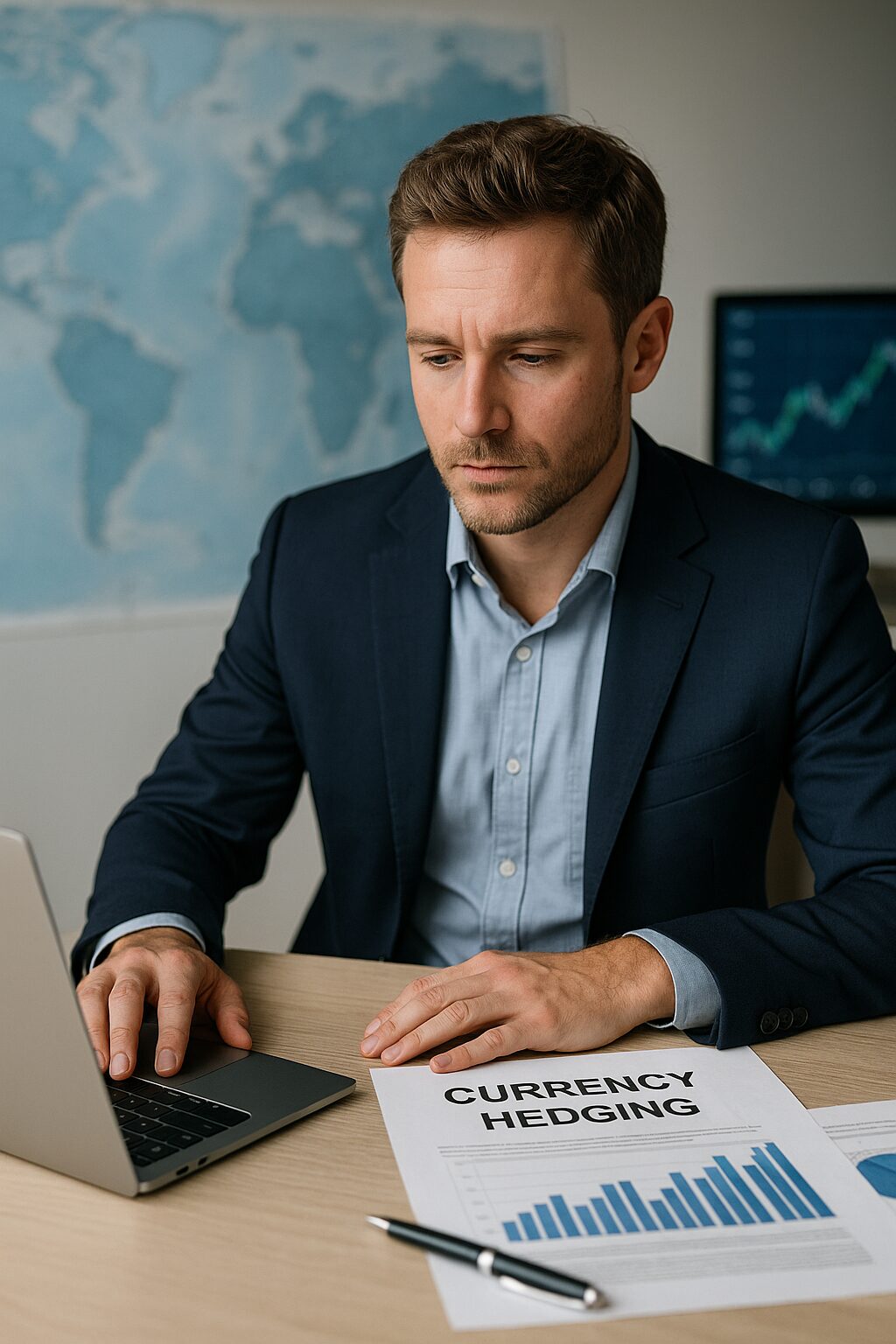 A Caucasian businessman in a modern office using a tablet, symbolizing global currency hedging and portfolio protection.