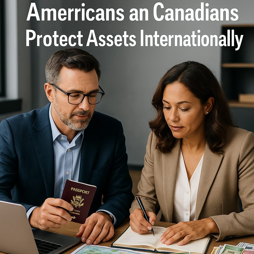 A professional North American investor reviewing an international wealth protection plan with global maps, currencies, and legal documents.
