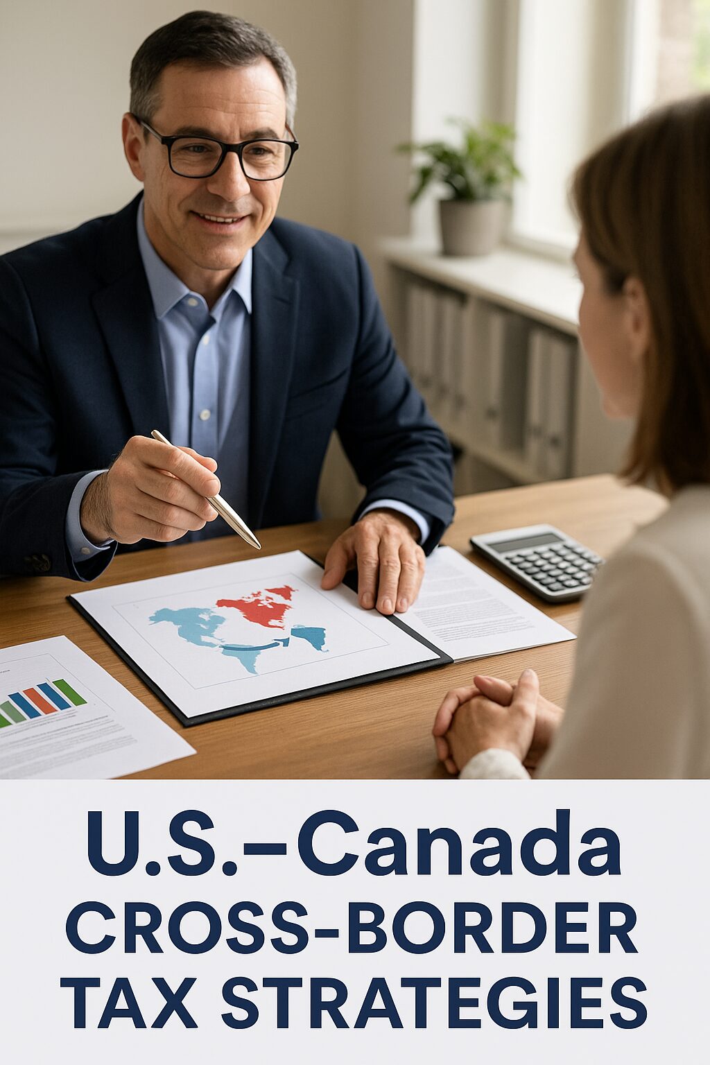 A North American tax advisor explaining U.S.–Canada cross-border tax strategies to a client with a map and documents.