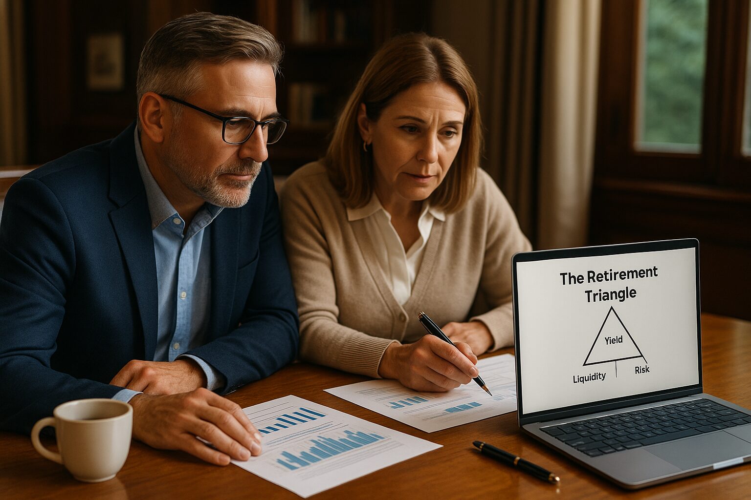 A middle-aged North American couple reviewing retirement portfolio strategies with a laptop showing the Retirement Triangle diagram labeled Yield, Liquidity, and Risk.