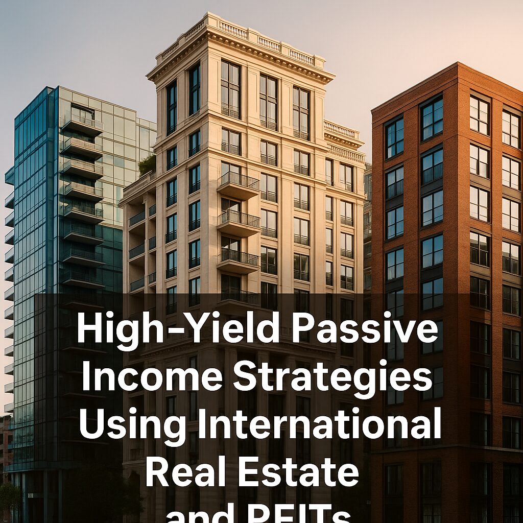 Luxury international apartment buildings representing global real estate and REIT investments for passive income
