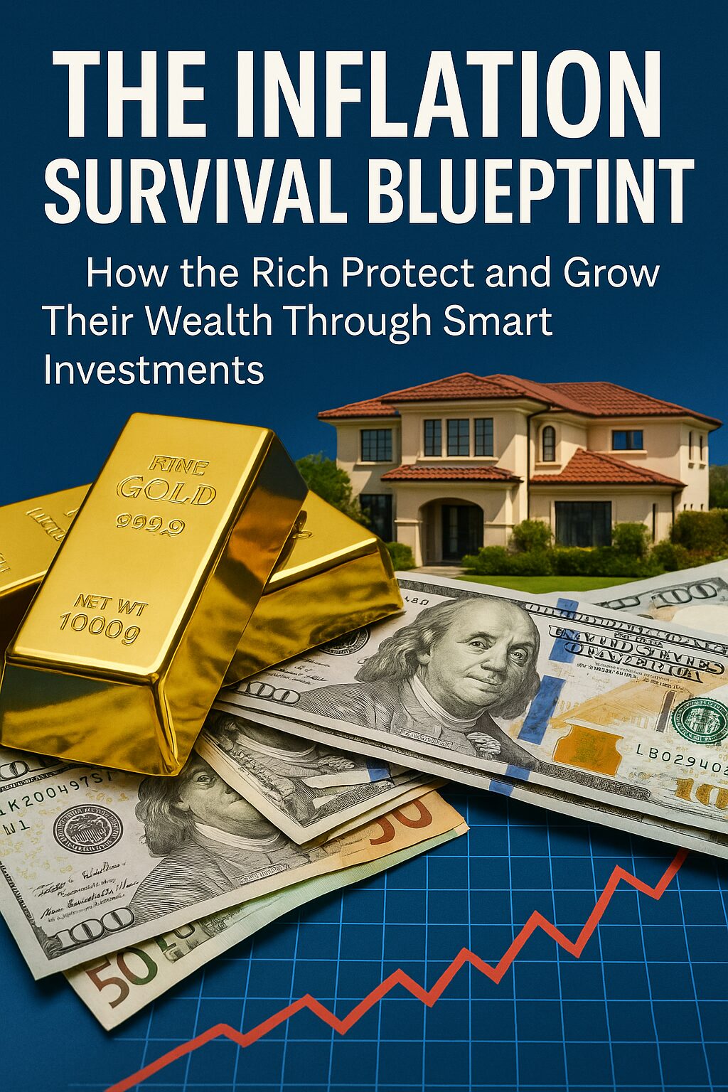 Gold bars, US dollars, foreign currencies, and luxury real estate representing the inflation survival investment strategy