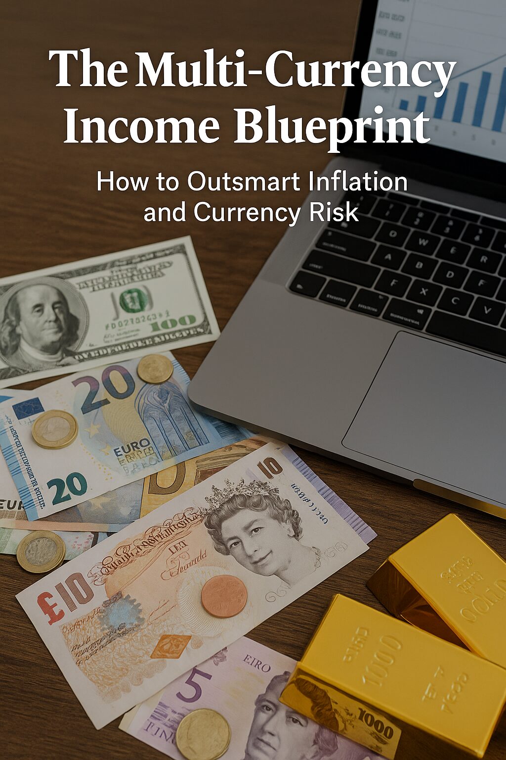 Multiple world currencies including US dollars, euros, pounds, and yen with laptop and gold bars, representing a multi-currency income strategy