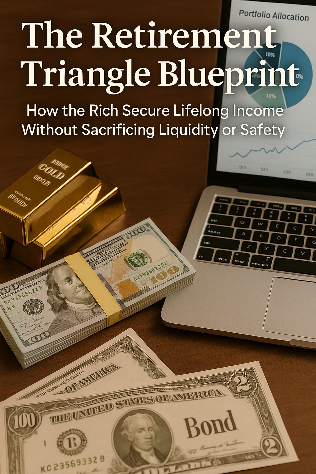 Gold bars, cash, bonds, and a portfolio chart representing the balance of yield, liquidity, and risk in a retirement strategy