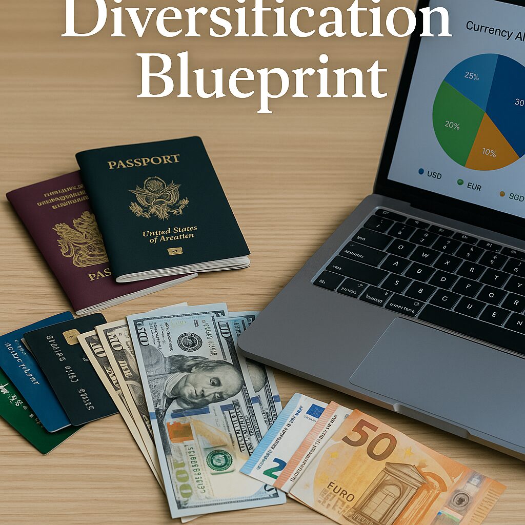 Multiple world currencies, cards, and a portfolio chart illustrating a currency diversification strategy for wealth protection.