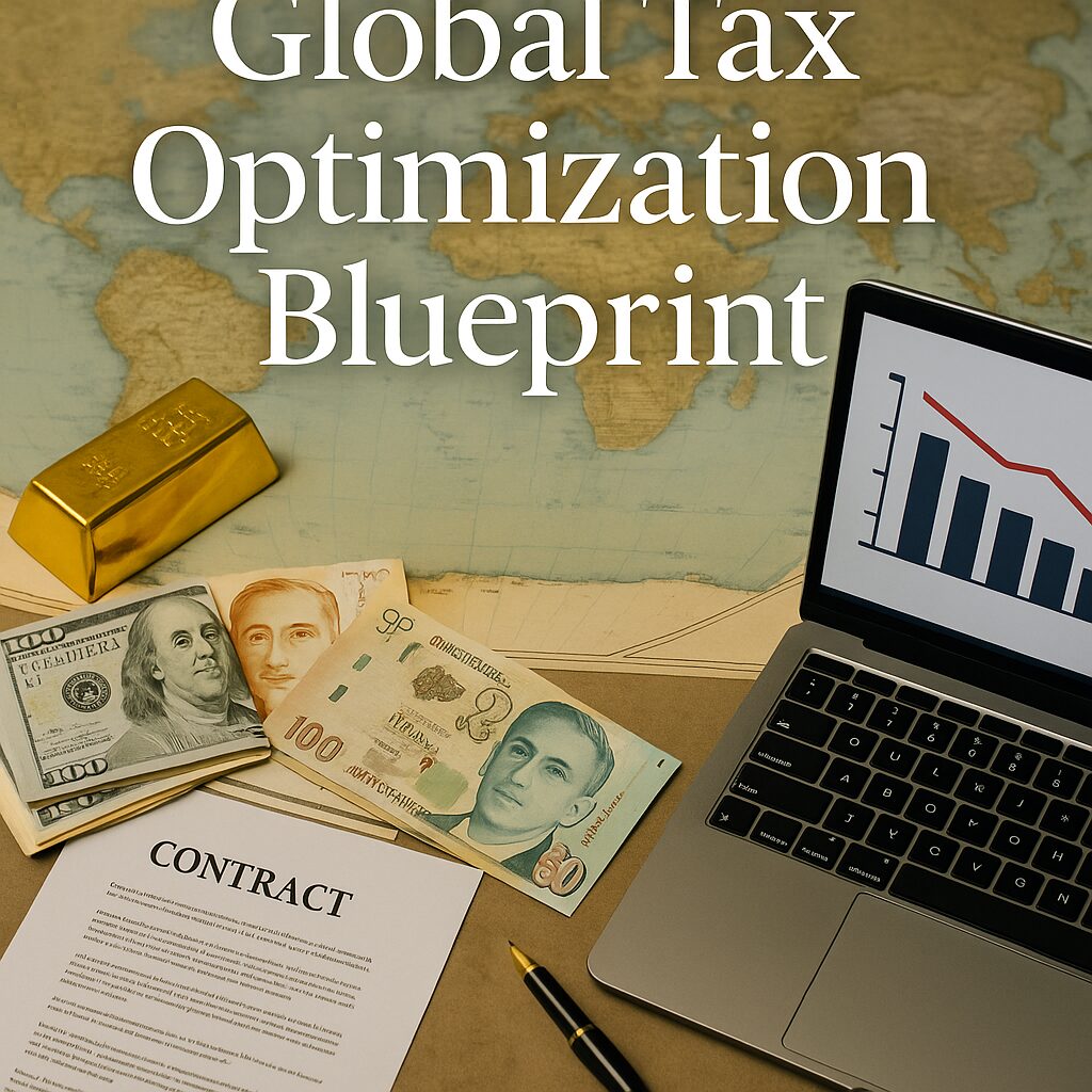 Gold bars, world map, multiple currencies, and legal documents representing global tax optimization strategies