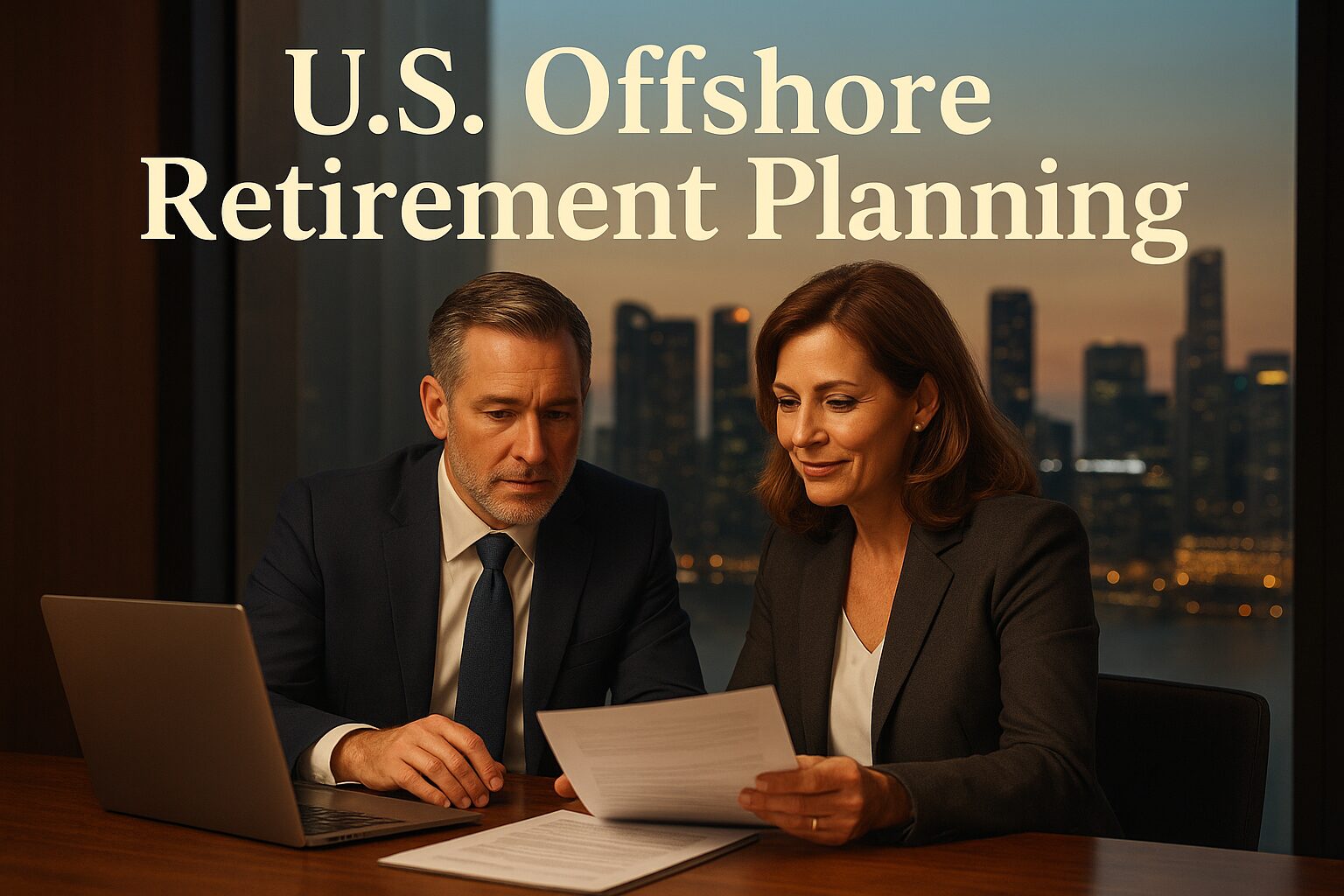 High-net-worth Americans discussing offshore retirement planning strategies in a luxury office with an international skyline view