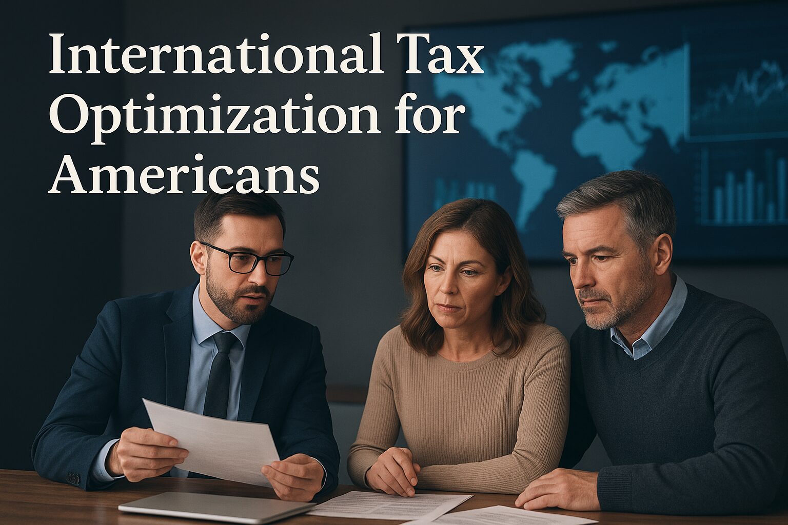 American clients consulting with an international tax advisor in a modern office with global financial charts