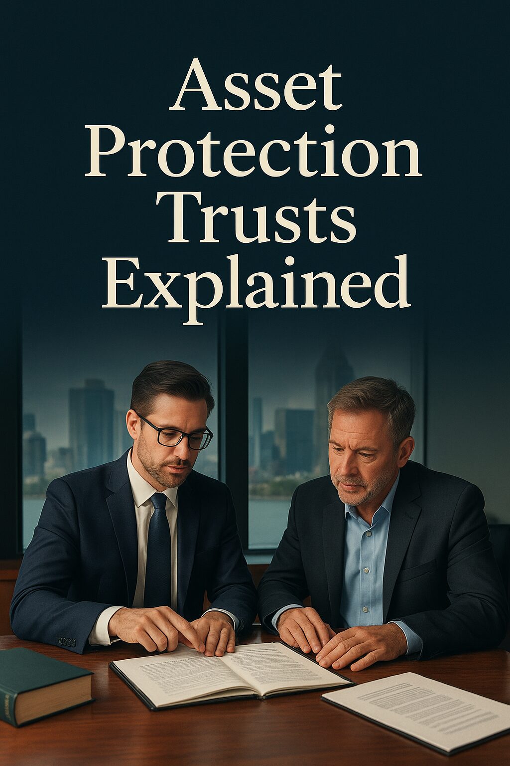 Lawyer and high-net-worth client reviewing trust documents in a luxury office with an international skyline