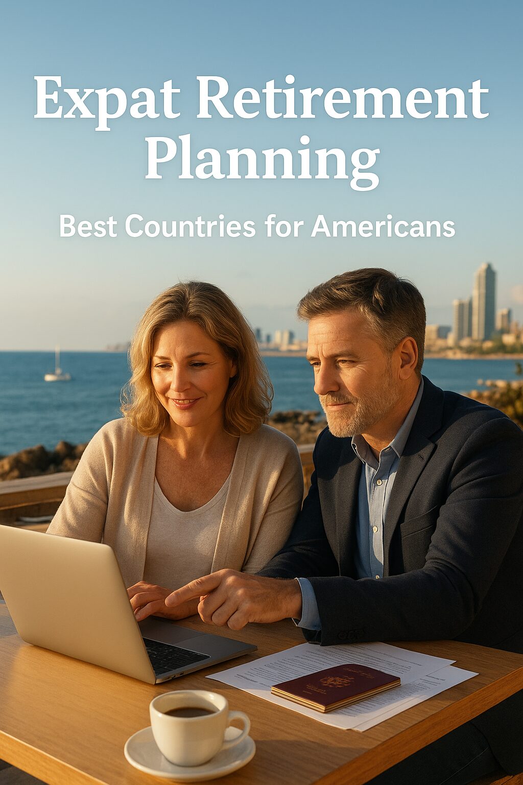 American couple planning retirement abroad while reviewing tax documents at a seaside cafe