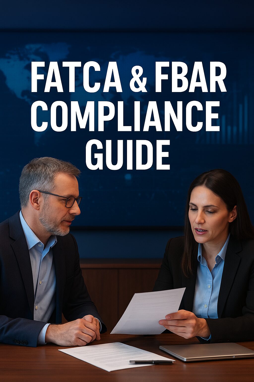 Tax advisor explaining FATCA and FBAR compliance requirements to an American investor in a modern office