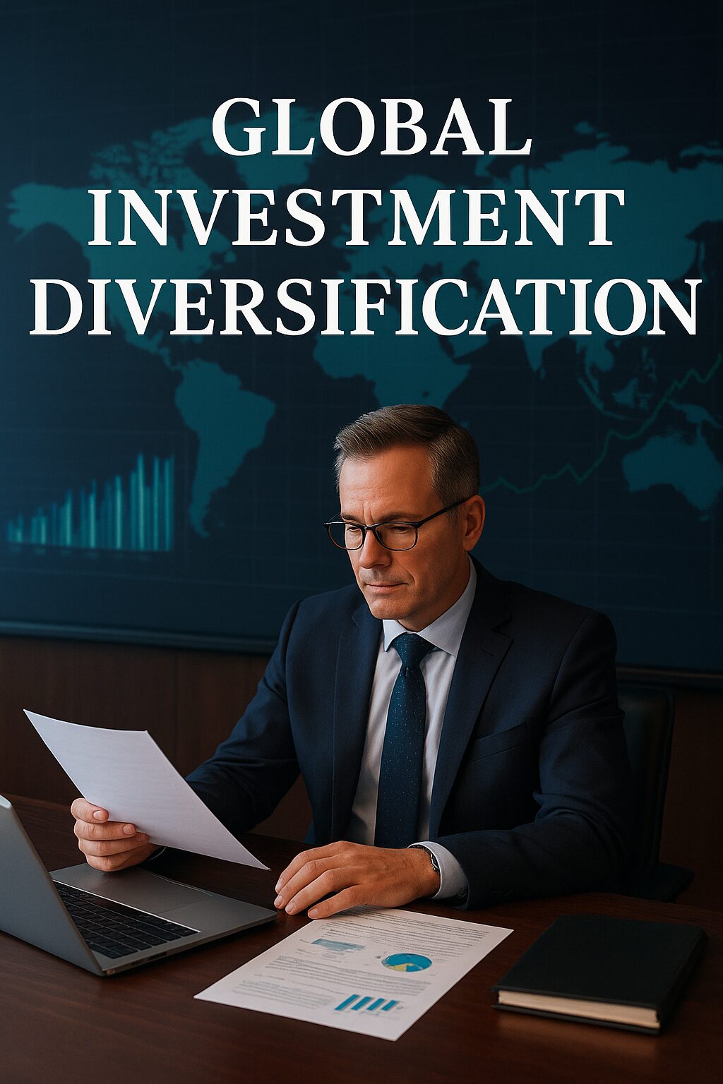 Investor reviewing global market data and portfolio allocation in an office with a world map backdrop