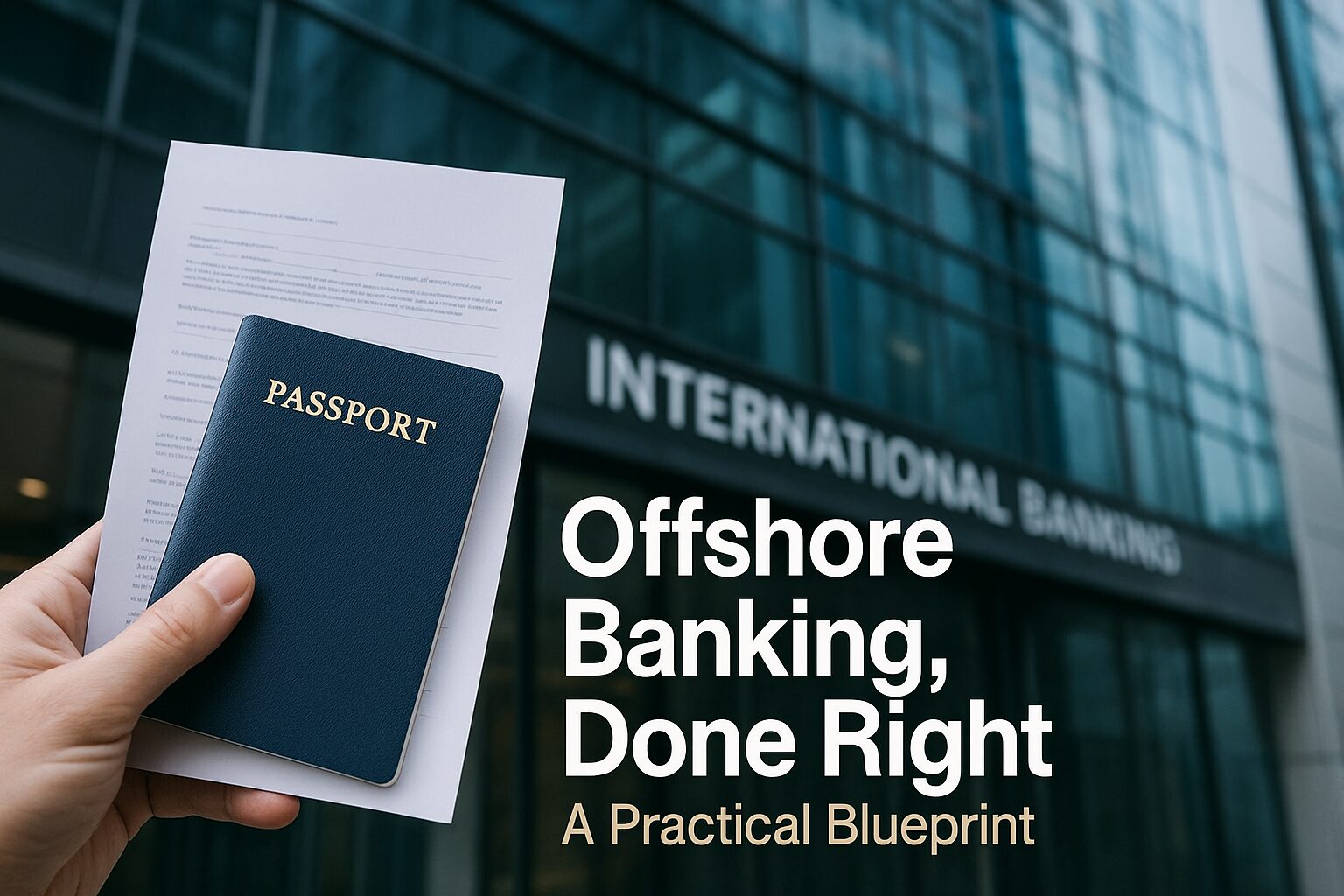 Modern international bank exterior with traveler holding passport and financial documents — symbolizing compliant offshore banking setup