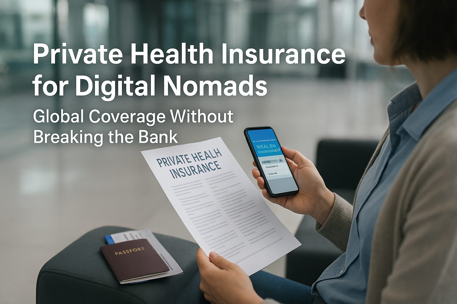 Traveler reviewing private health insurance policy and mobile insurance card in a modern international airport lounge