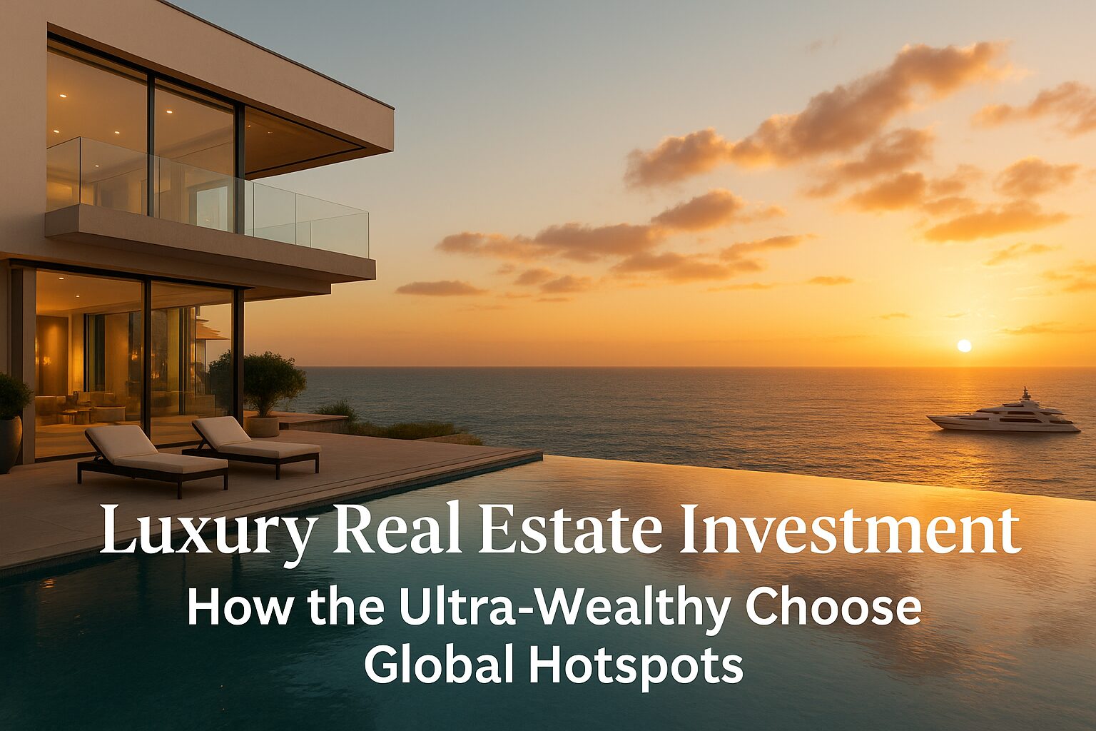 Luxury waterfront mansion with infinity pool overlooking the ocean at sunset