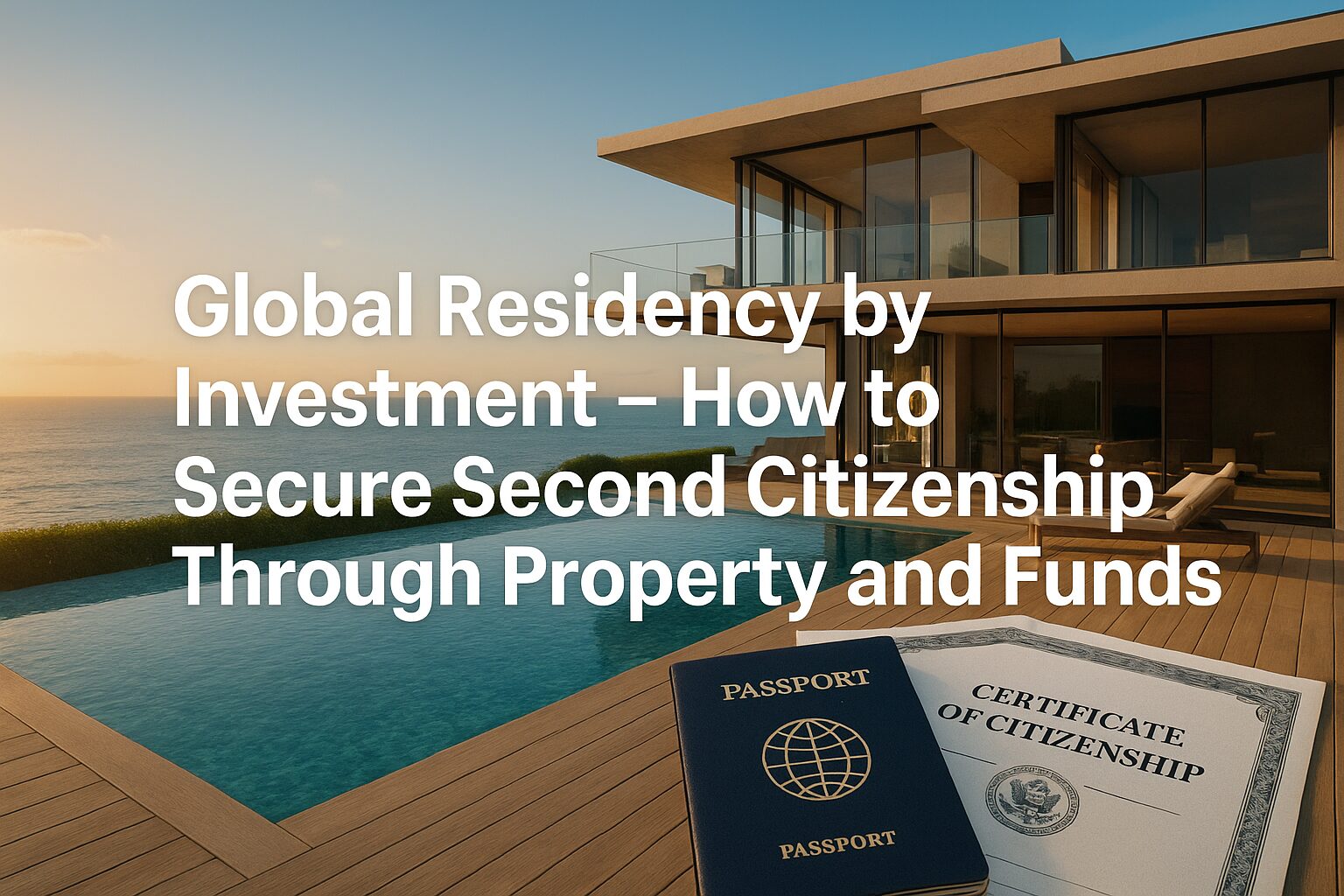 A luxury property with international passports and investment documents, symbolizing global residency by investment opportunities.