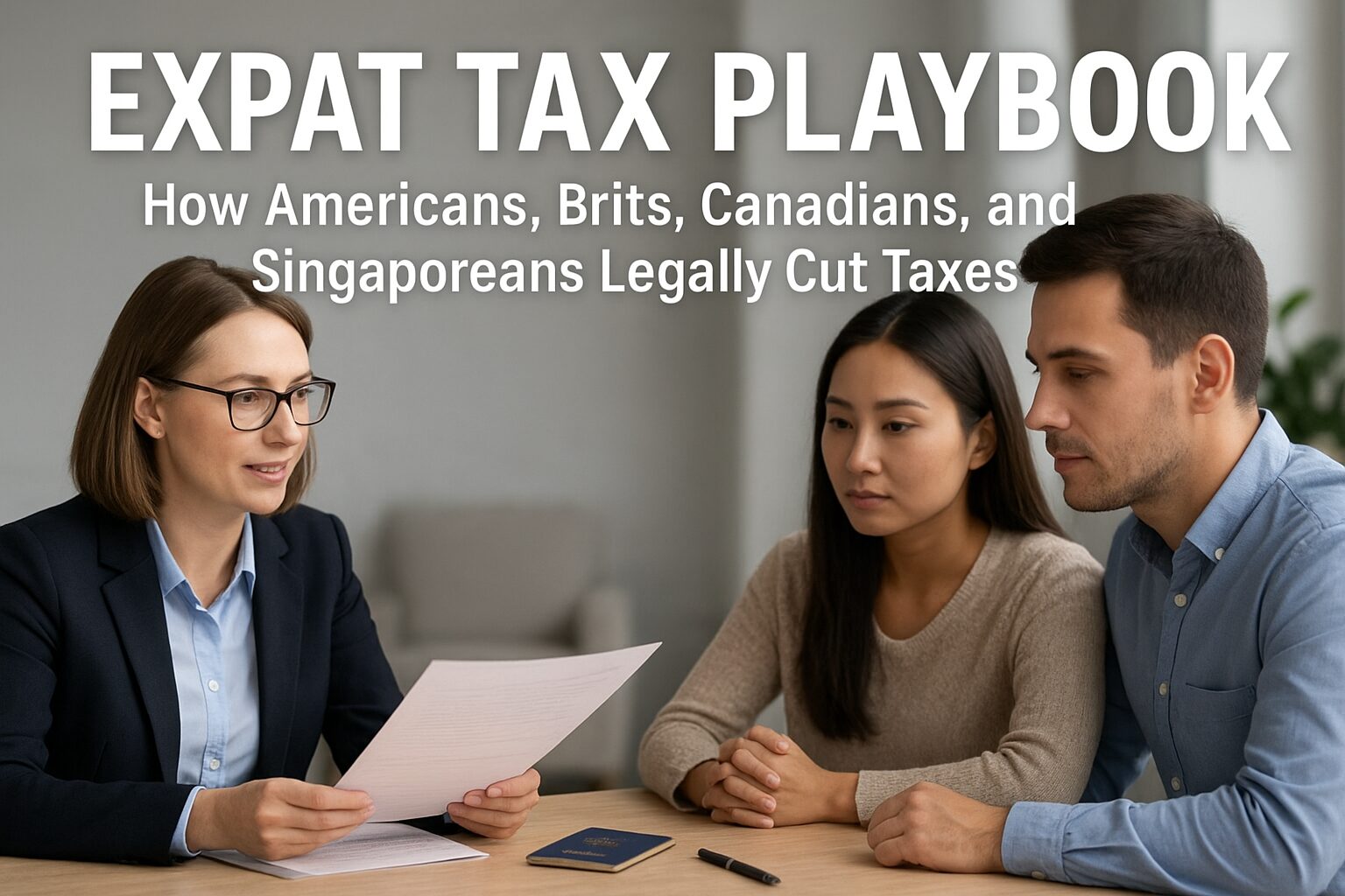 A professional photo illustrating global expats managing taxes legally across multiple countries.