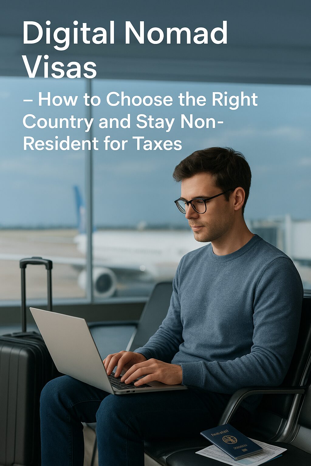 A digital nomad working abroad with travel documents, symbolizing visa choices and tax strategies