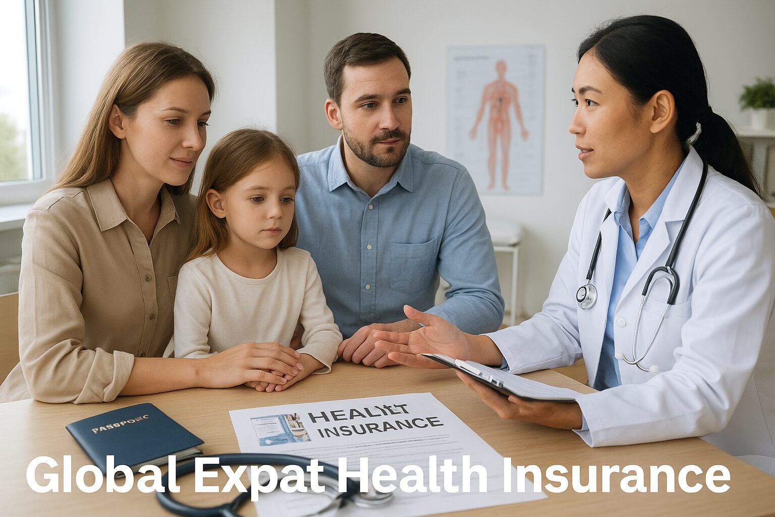 “Expat family consulting a doctor abroad with health insurance documents and passports”