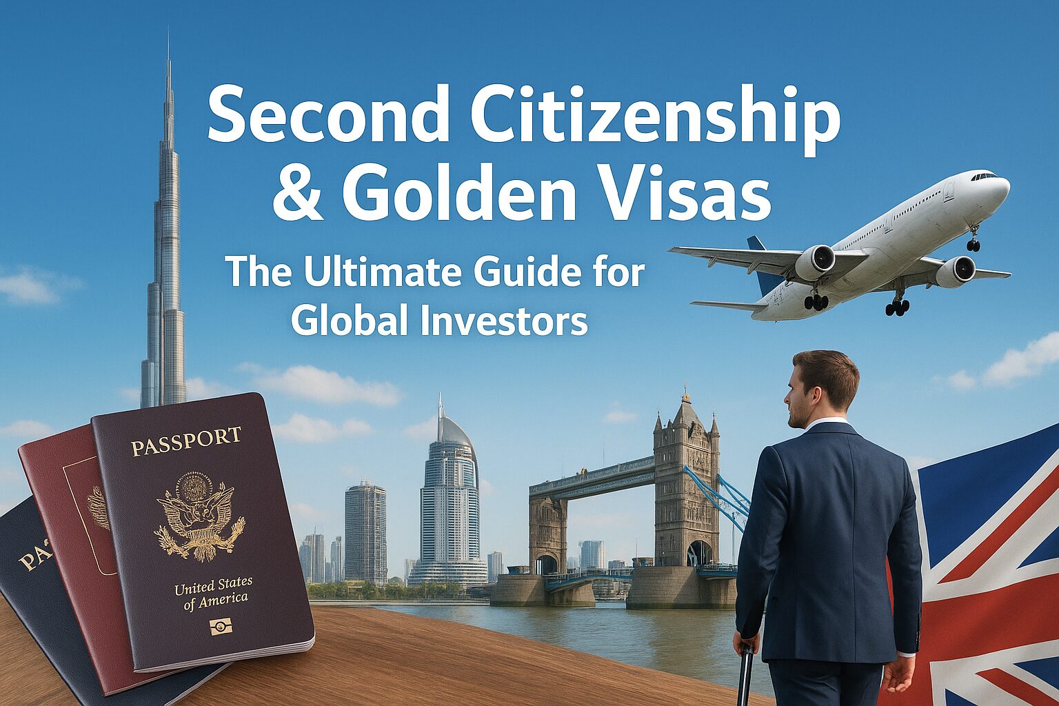 A digital photograph showing passports, airplanes, and international skylines representing second citizenship and golden visa programs for global investors.