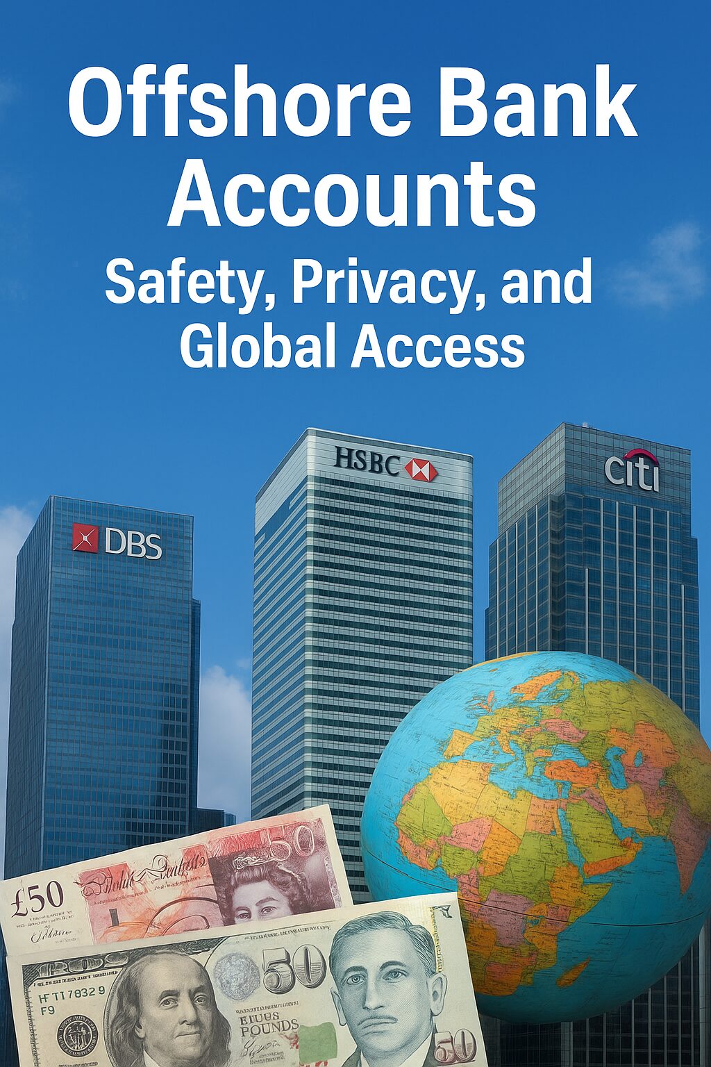 Modern international bank building with globe and multiple currencies symbolizing offshore banking safety and privacy