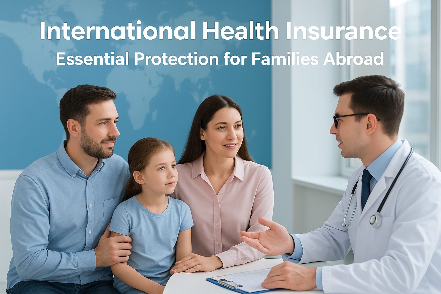 Family consulting with a doctor in a modern international hospital, symbolizing comprehensive global health insurance coverage